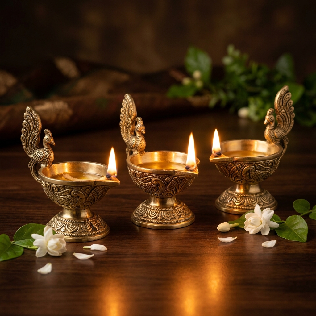 Handcrafted Brass Peacock Diya Set